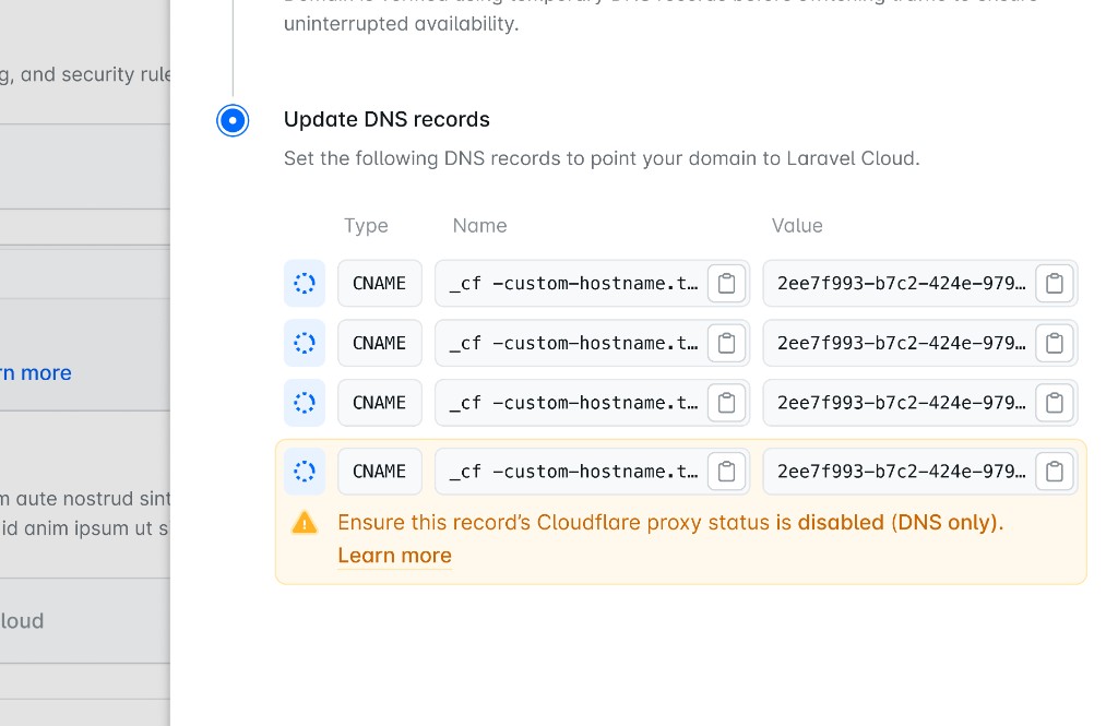 Laravel Cloud DNS records step with a warning to disable Cloudflare proxy on the custom hostname record